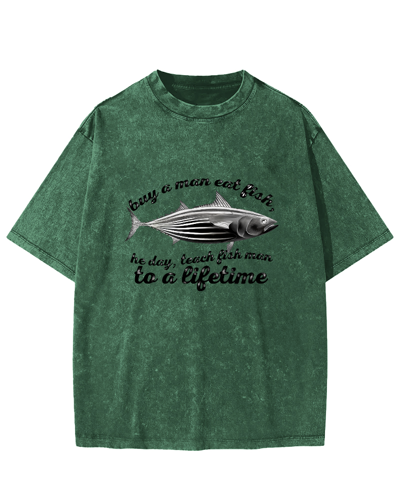 Sea Fish Pattern Vintage Distressed T-shirt-Zazasy
