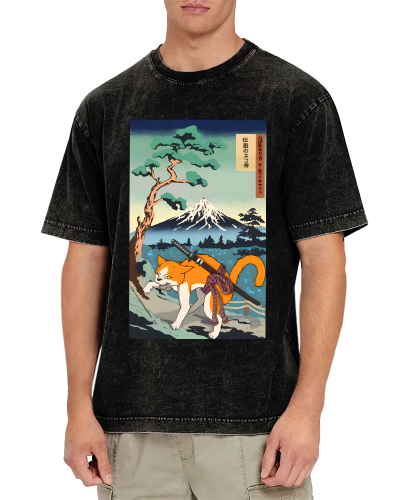 Edo Period Cat Pattern Vintage Washed T-shirt-Zazasy