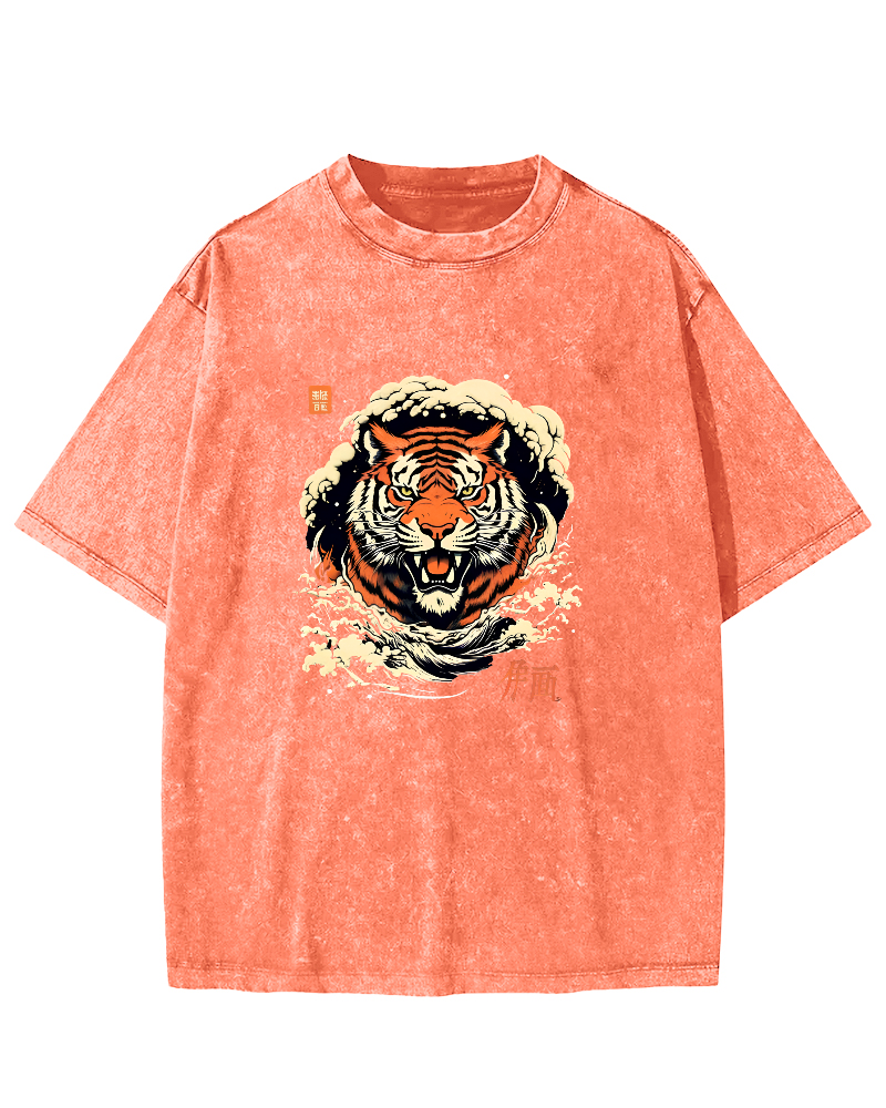 Japanese Tiger Head Pattern Vintage Distressed T-shirt-Zazasy