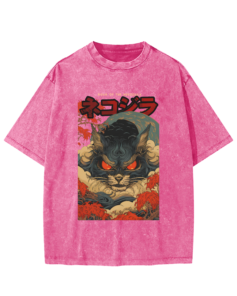 Monster Cat Japanese Style Vintage Washed T-shirt-Zazasy