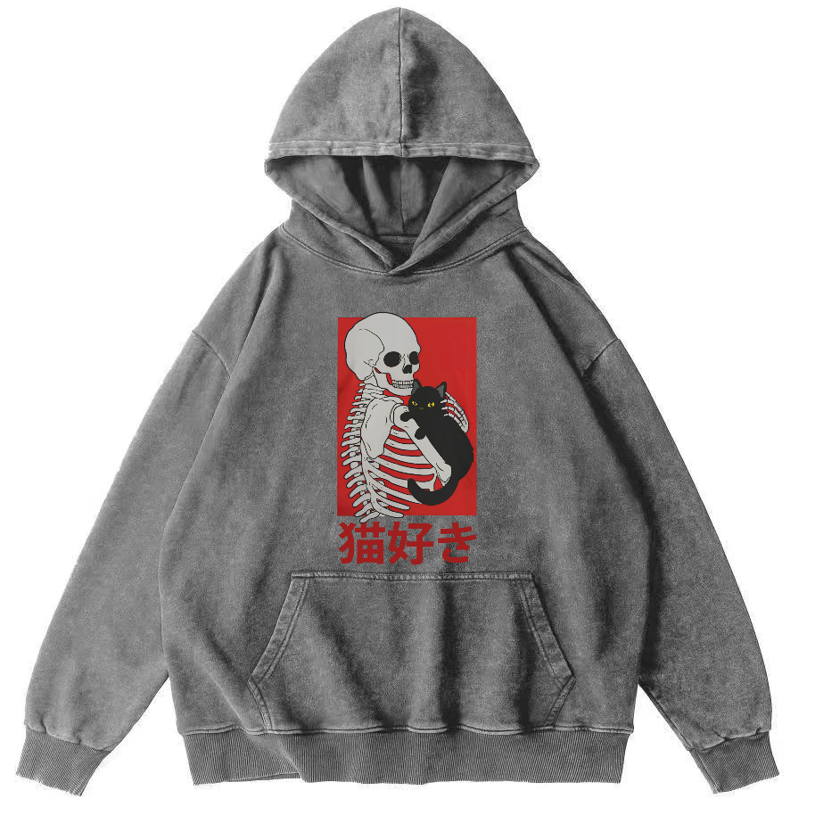 Skeleton and Cat Japanese Style Vintage Washed Hoodie-Zazasy