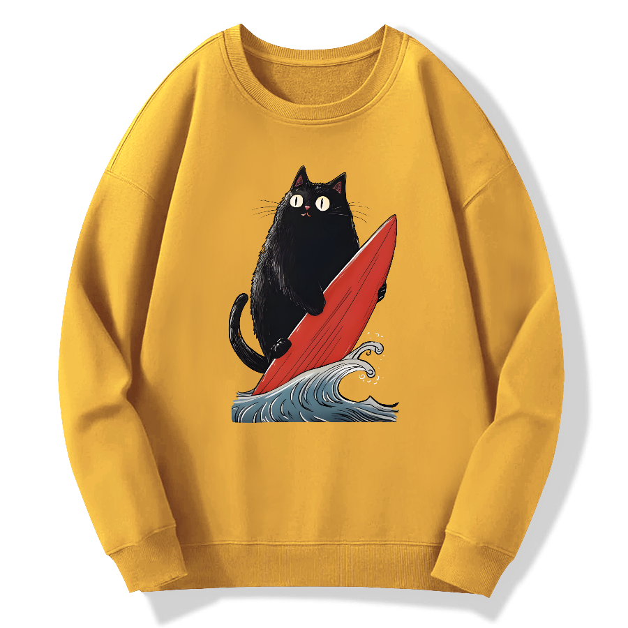 Black Cat Surfer Cotton Pullover Sweatshirt