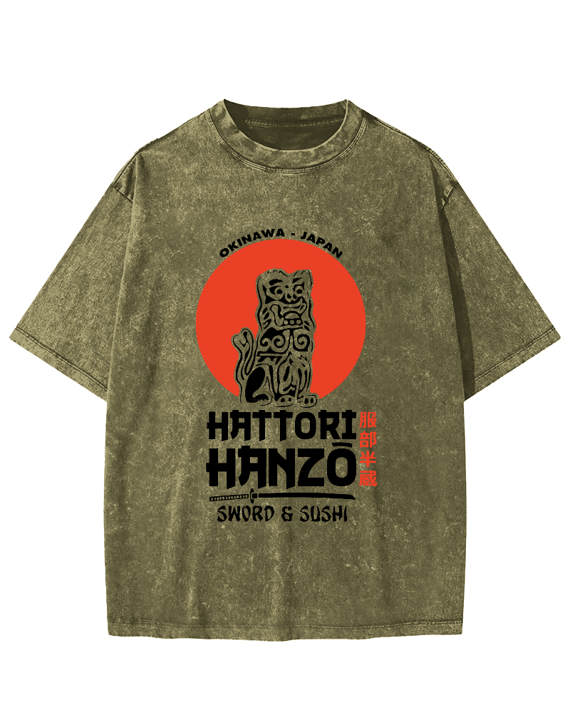 Japanese lion Pattern Vintage Distressed T-shirt-Zazasy