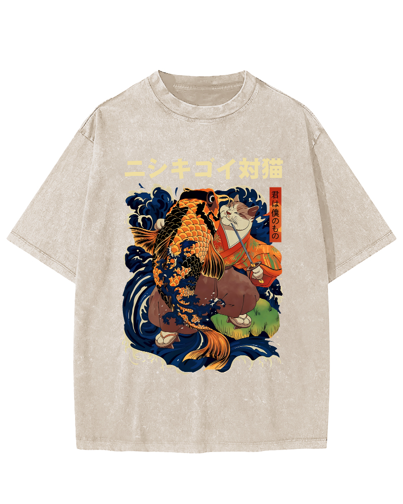 Koi and Cat Japanese Style Vintage Distressed T-shirt-Zazasy