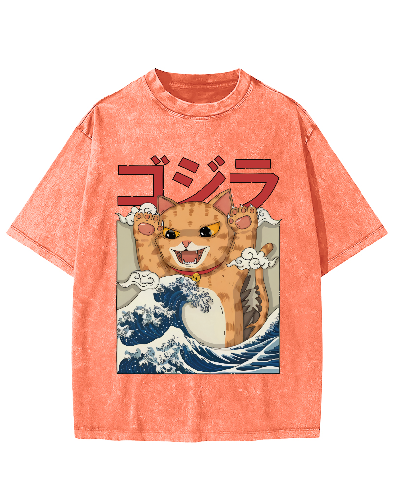 Cat in the Waves, Japanese Style Vintage Washed T-shirt-Zazasy
