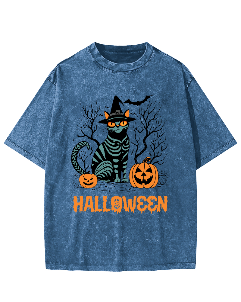 Halloween Cat Vintage Washed T-shirt-Zazasy