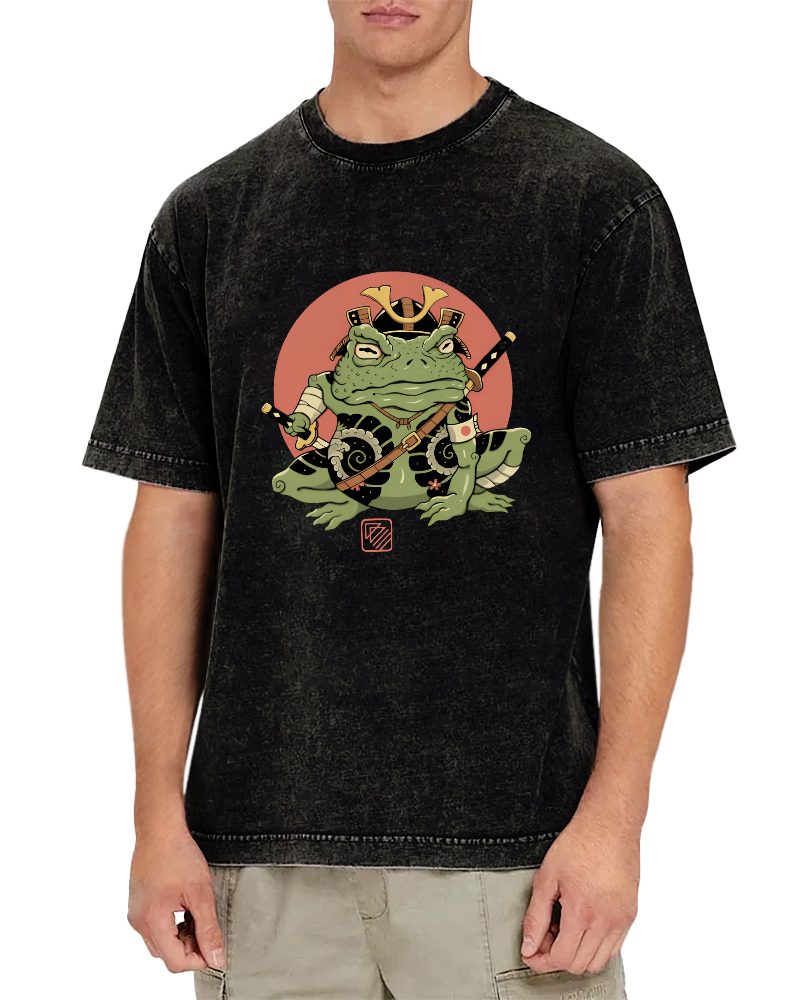 Japanese Funny Frog Pattern Vintage Distressed T-shirt-Zazasy