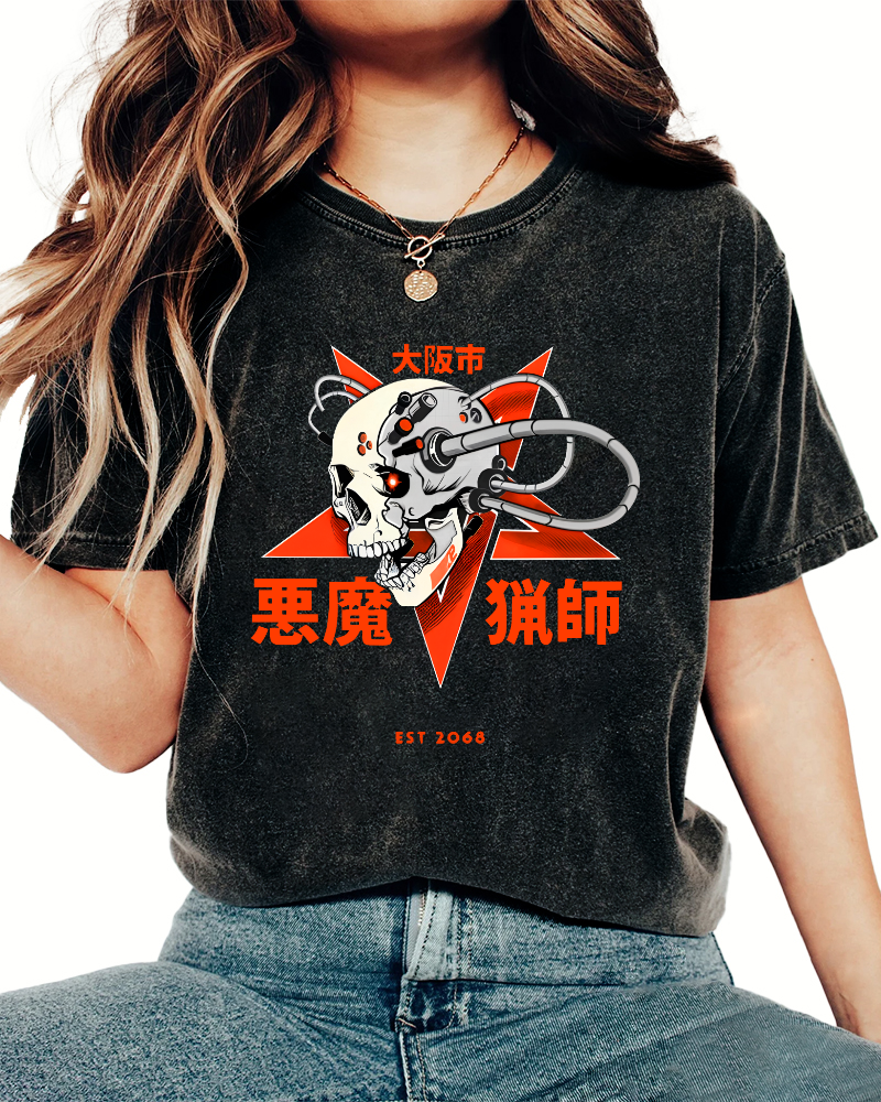 Japanese Style Demon Skull Pattern Vintage Distressed T-shirt-Zazasy