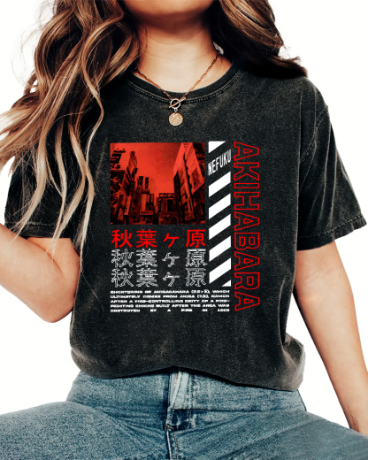 Akihabara Text Vintage Washed T-shirt-Zazasy