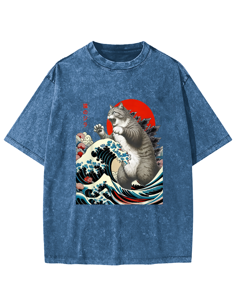 Catzilla Cat Japanese Art Vintage Distressed T-shirt-Zazasy