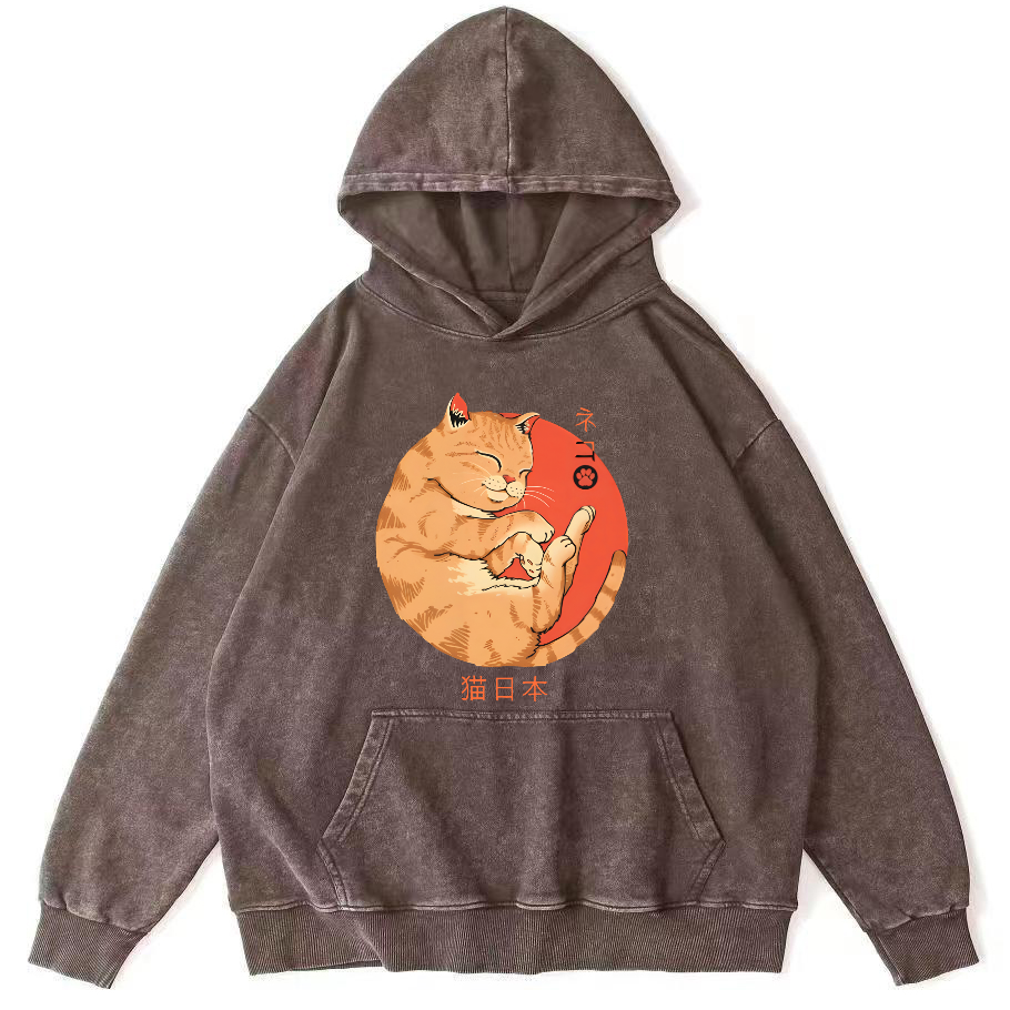 Lazy Japanese Cat Vintage Distressed Hoodie-Zazasy