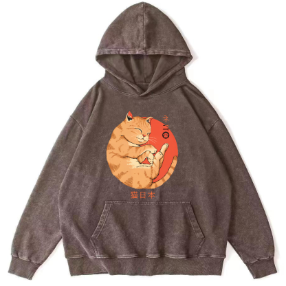 Lazy Japanese Cat Vintage Distressed Hoodie-Zazasy