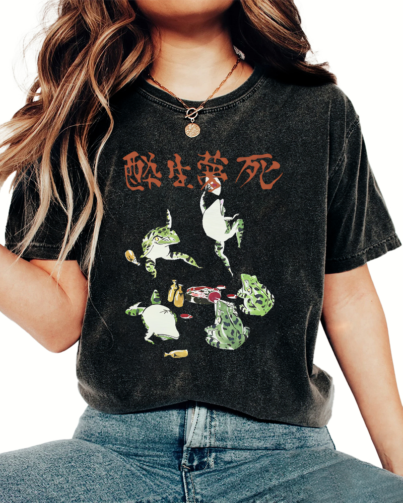 Drunk and Dreaming Frog, Japanese Style Vintage Washed T-shirt-Zazasy