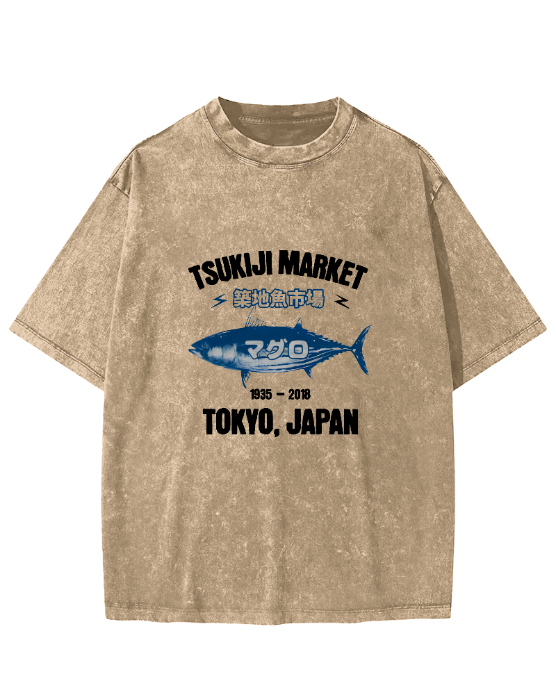 Japanese Sea Fish Market Pattern Vintage Distressed T-shirt-Zazasy
