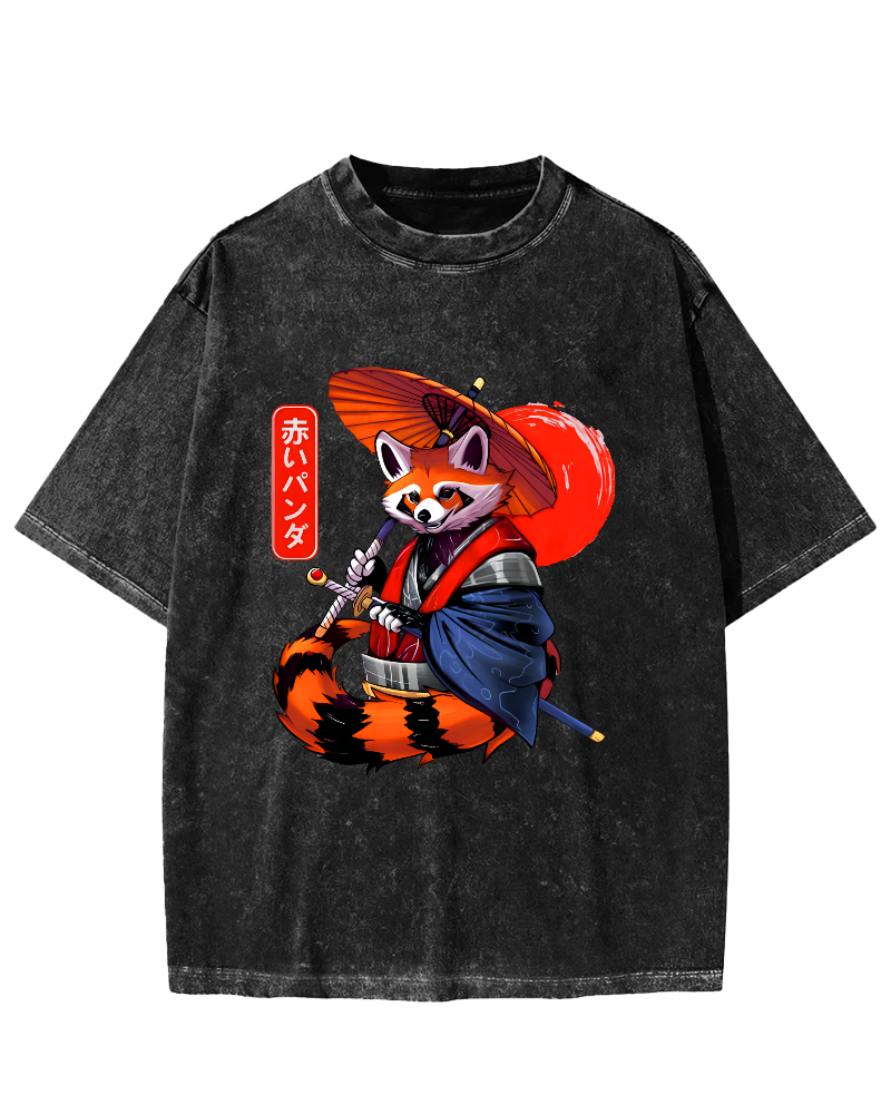 Japanese Red Fox Warrior Vintage Washed T-shirt-Zazasy
