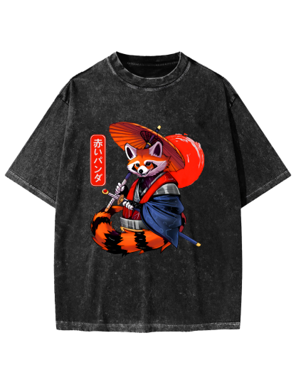 Japanese Red Fox Warrior Vintage Washed T-shirt-Zazasy