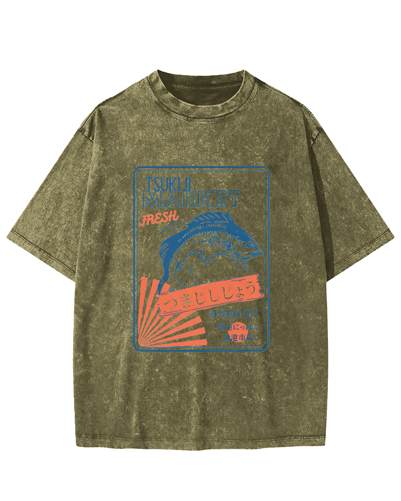 Tsukiji Seafood Market in Japan Vintage Washed T-shirt-Zazasy