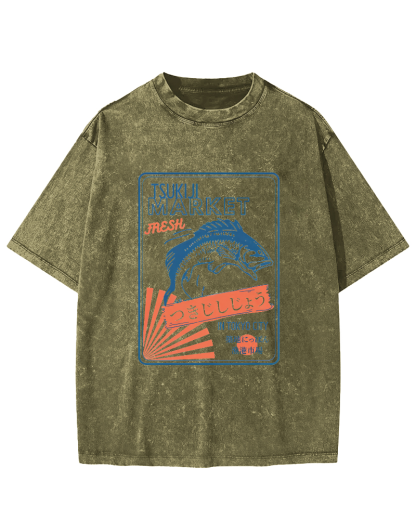 Tsukiji Seafood Market in Japan Vintage Washed T-shirt-Zazasy