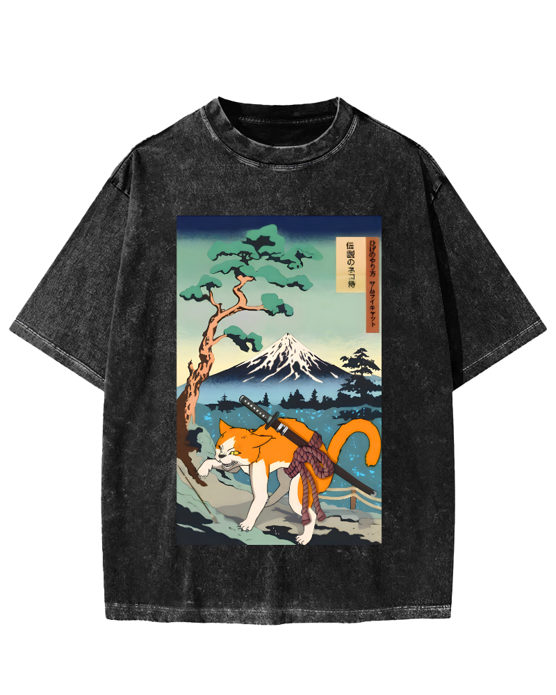 Edo Period Cat Pattern Vintage Washed T-shirt-Zazasy