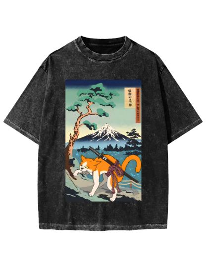 Edo Period Cat Pattern Vintage Washed T-shirt-Zazasy