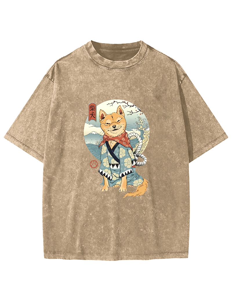 Samurai Shiba Dog Japanese Washed T-Shirt-Zazasy