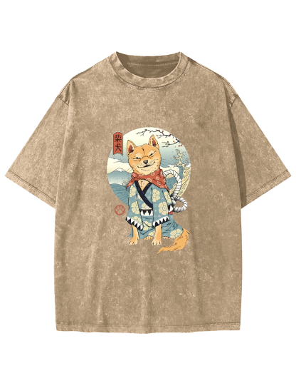 Samurai Shiba Dog Japanese Washed T-Shirt-Zazasy