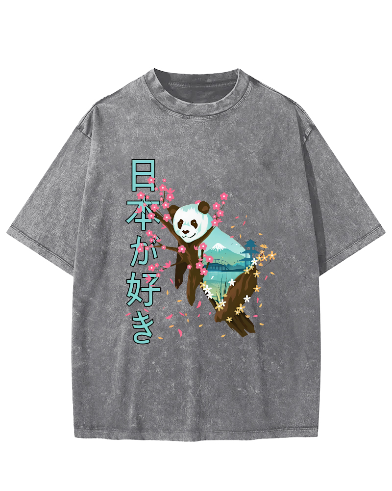 Cute Panda Japanese Style Vintage Washed T-shirt-Zazasy