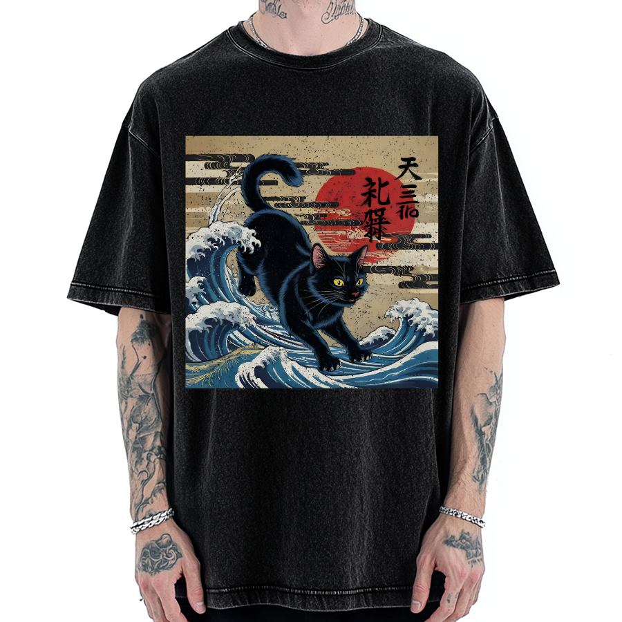 Japanese Wave Cat Vintage Washed T-shirt