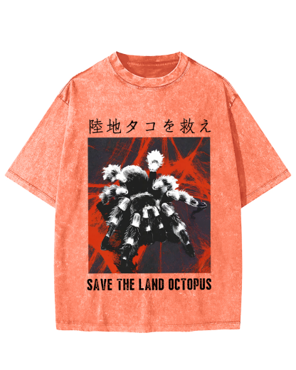 Save The Land Octopus Vintage Washed T-shirt-Zazasy