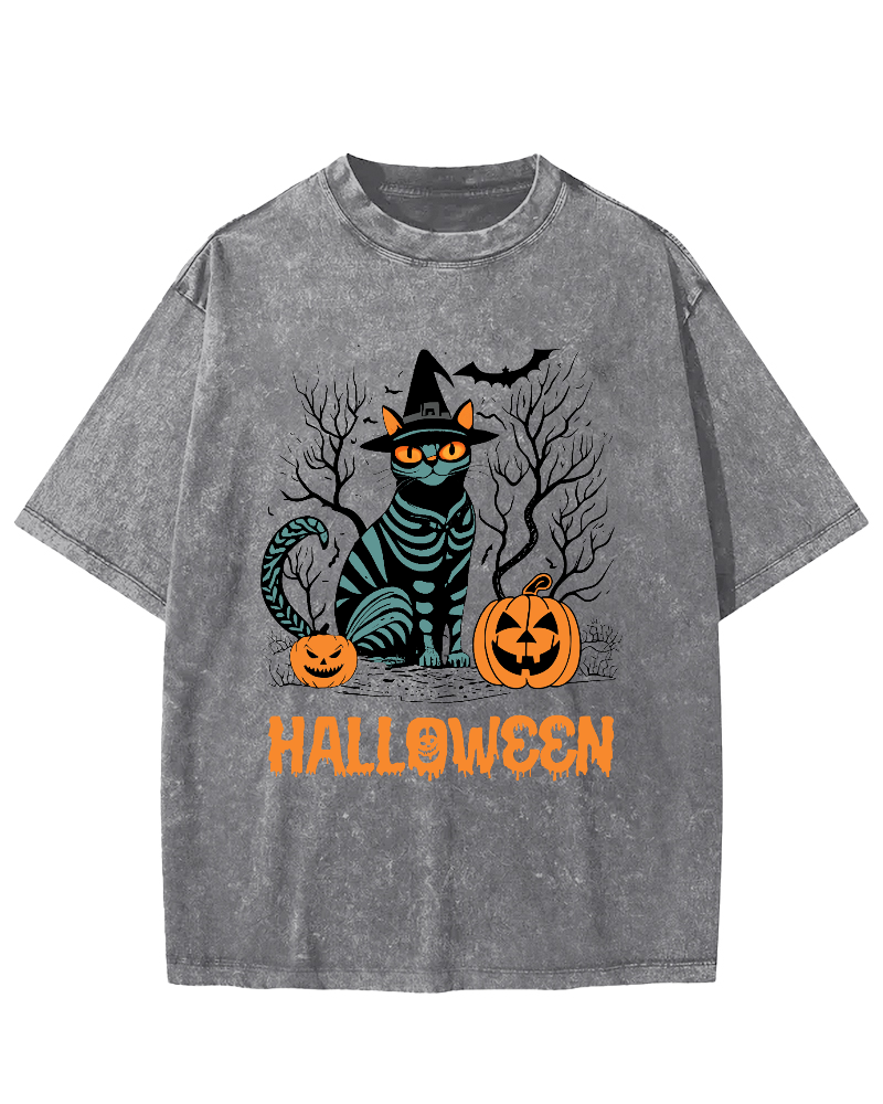 Halloween Cat Vintage Washed T-shirt-Zazasy