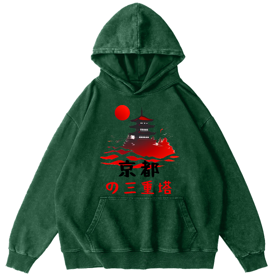 Kyoto Triple Tower Vintage Washed Hoodie-Zazasy