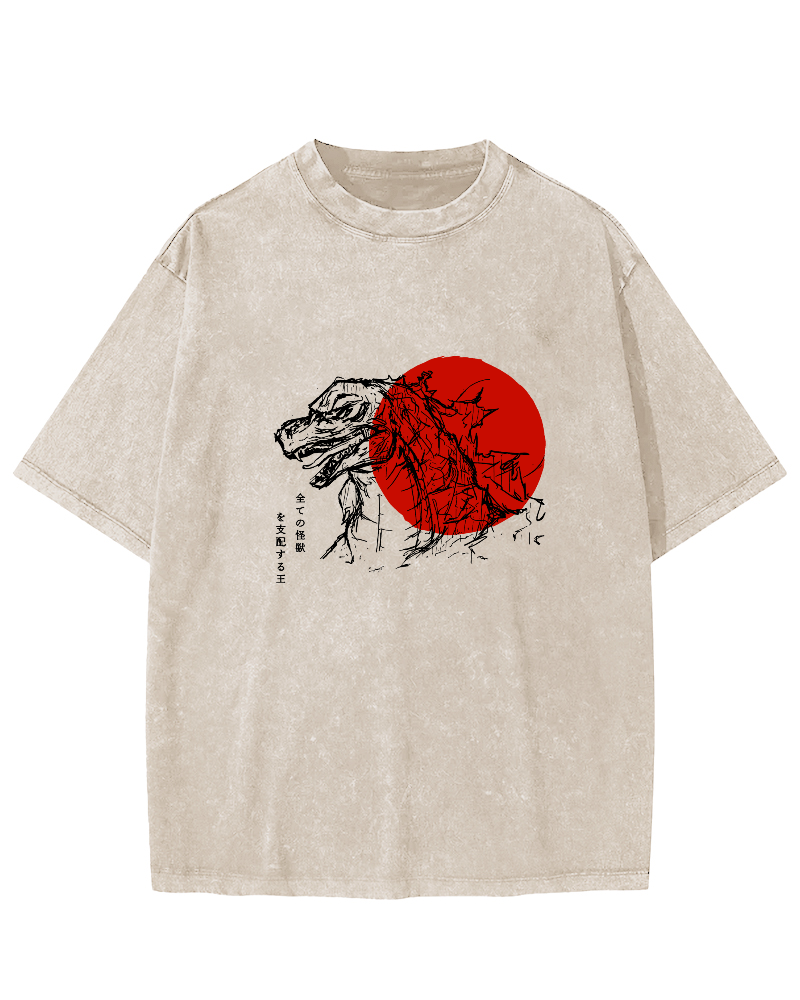 Sunrise Monster Pattern Japanese Style Vintage Distressed T-shirt-Zazasy