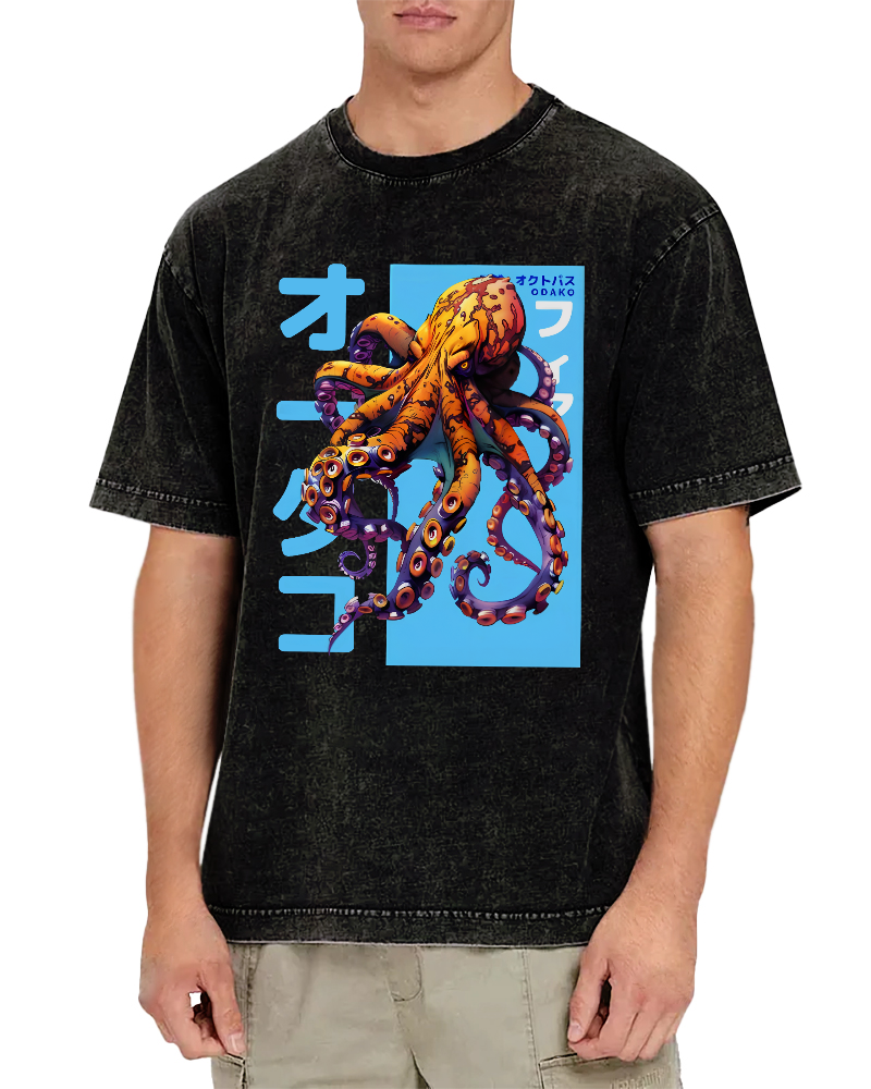 Octopus Monster Japanese Vintage Washed T-shirt-Zazasy