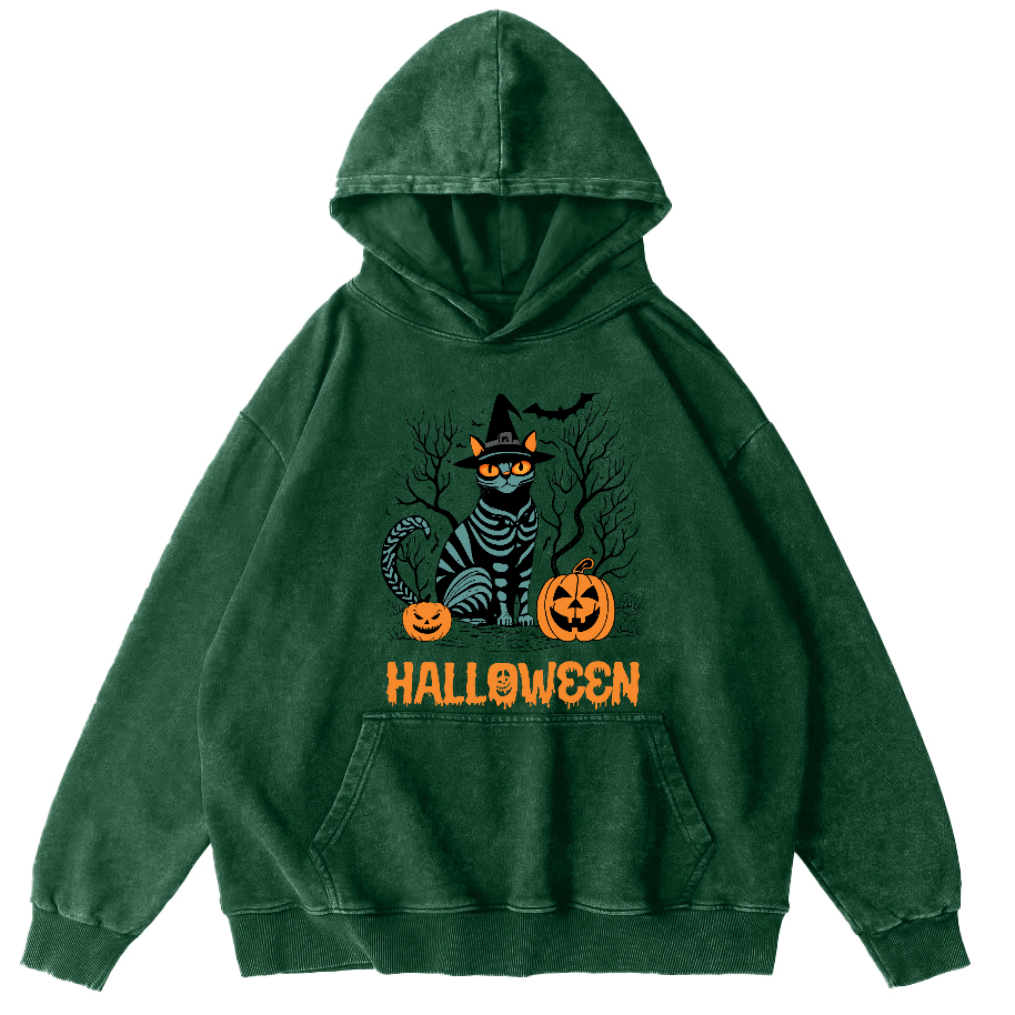Halloween Cat Vintage Washed Hoodie-Zazasy