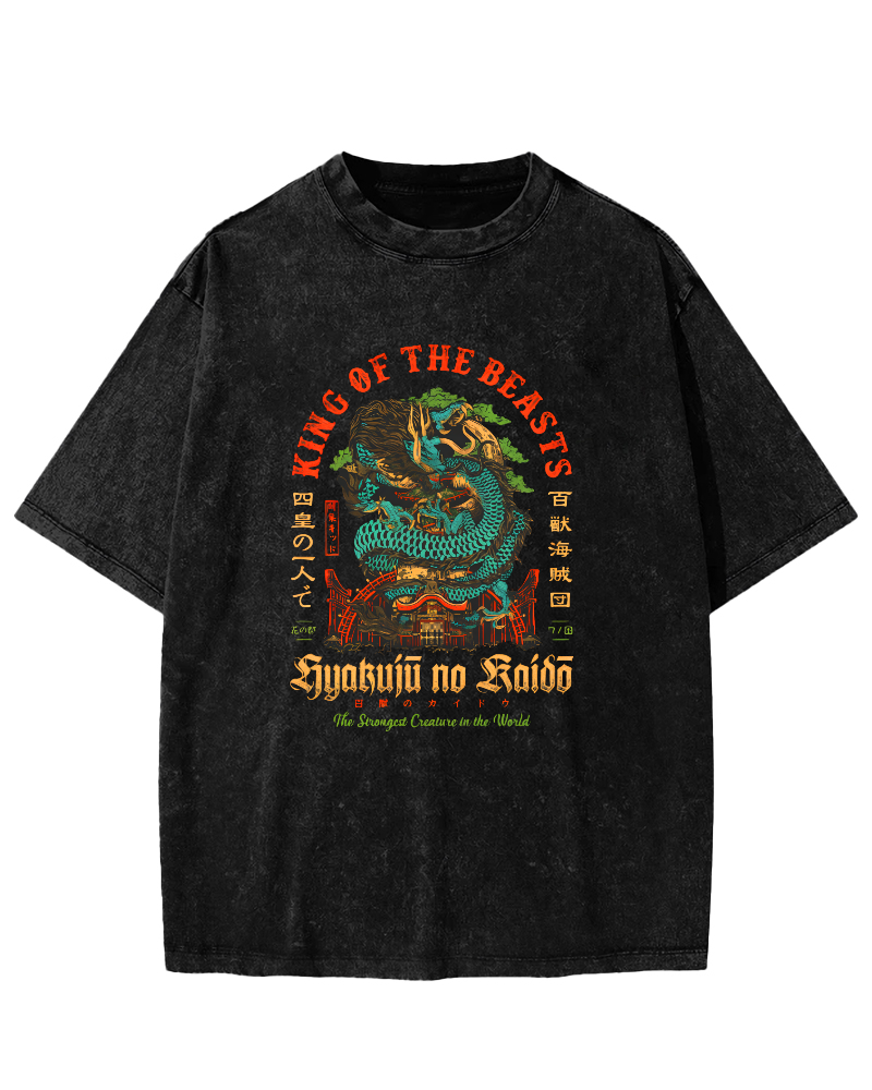 Japanese Mythological Dragon Pattern Vintage Distressed T-shirt-Zazasy