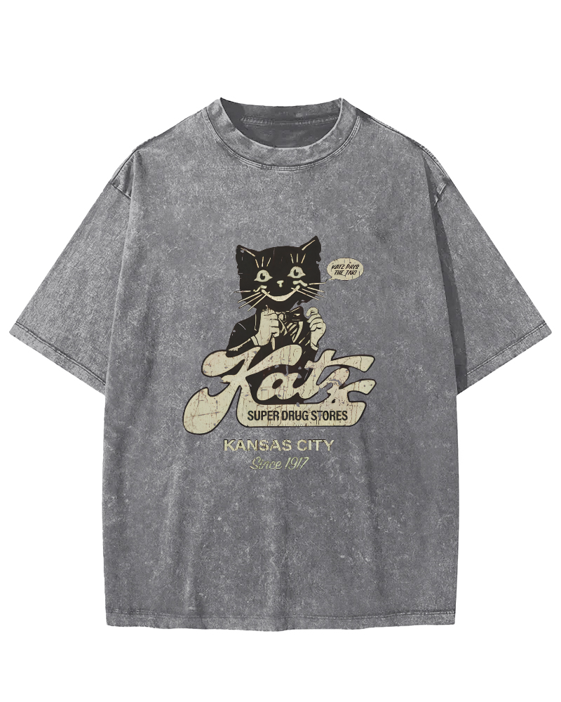 Retro Cat Pattern Japanese Washed T-shirt-Zazasy