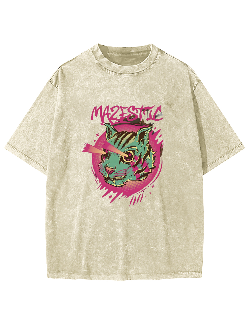 Retro Cat Pattern Vintage Distressed T-shirt-Zazasy