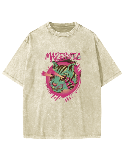 Retro Cat Pattern Vintage Distressed T-shirt-Zazasy