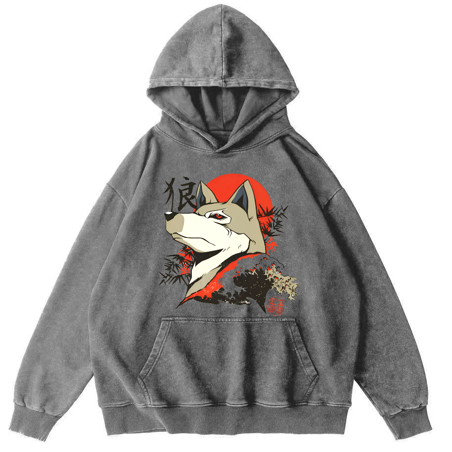 Lone Wolf Japanese Style Vintage Distressed Hoodie-Zazasy