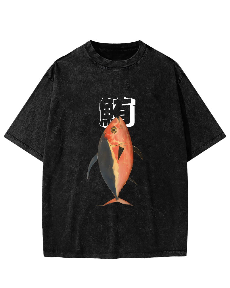 Japanese Ocean Fish Pattern Vintage Distressed T-shirt-Zazasy