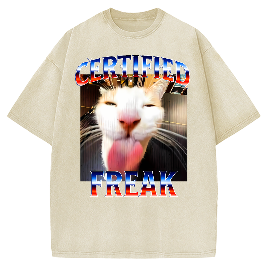 Certified Freak Cat Tongue Out - Funny Meme Cat Vintage Washed T-shirt