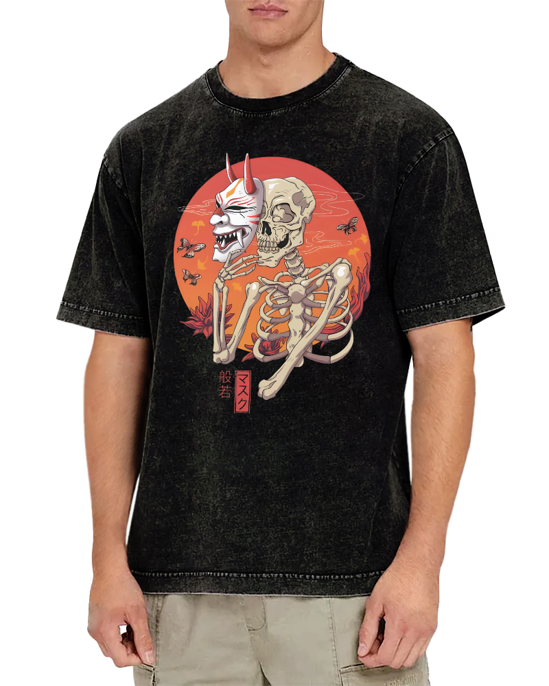 Mask Skeleton Japanese Vintage Distressed T-shirt-Zazasy