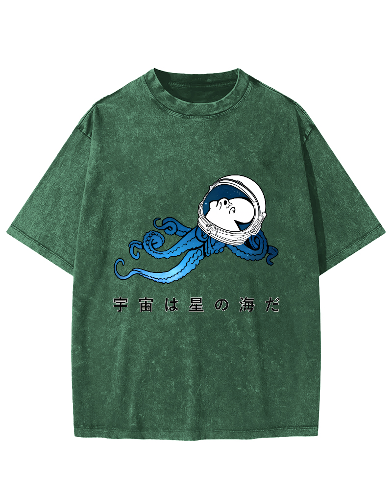 Japanese Style Octopus In Space Vintage Distressed T-shirt-Zazasy