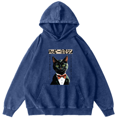 Abstract Cat Figure Pattern Vintage Distressed Hoodie-Zazasy