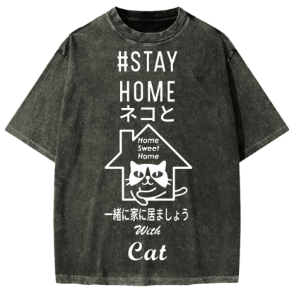 Stay Home With Cat Japanese Vute Cat Vintage Washed T-shirt
