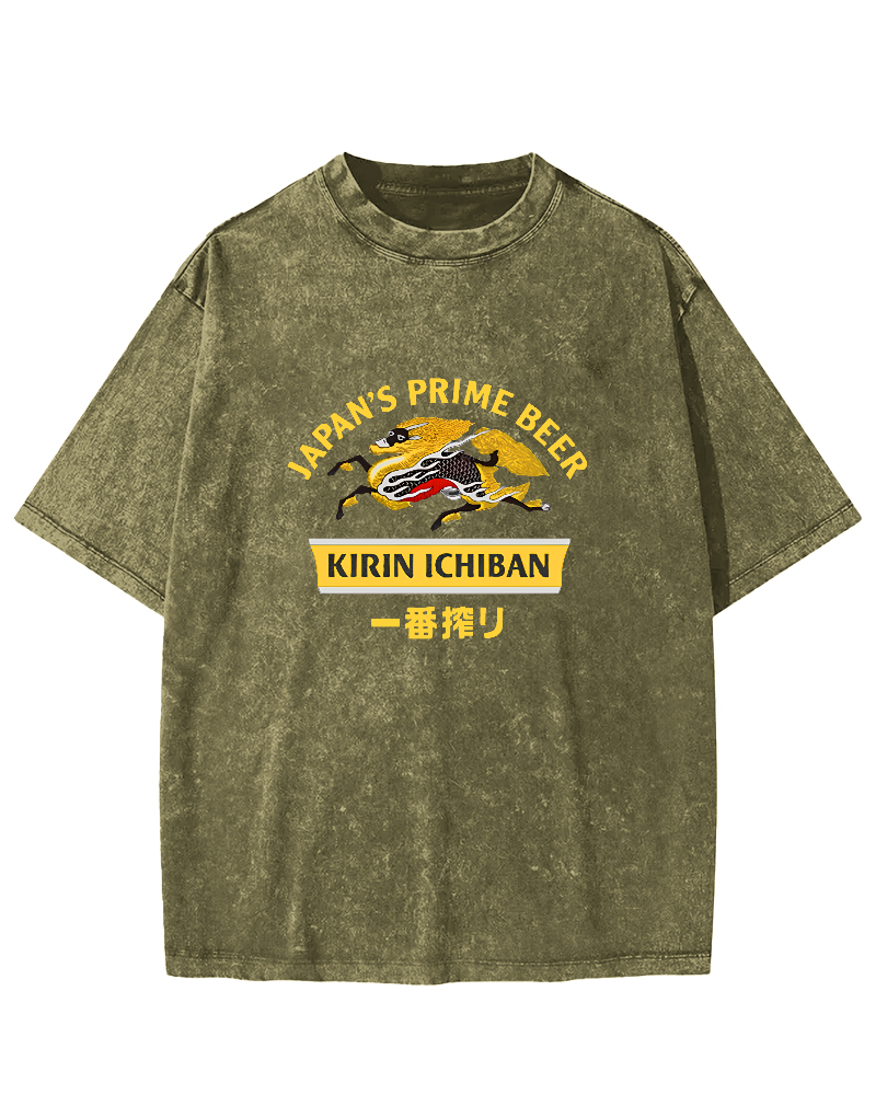 Kirin Ichiban Beer Logo Japanese Washed T-Shirt-Zazasy