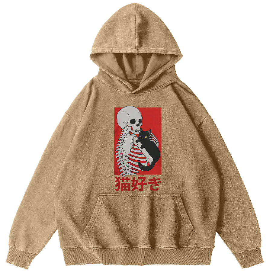 Skeleton and Cat Japanese Style Vintage Washed Hoodie-Zazasy