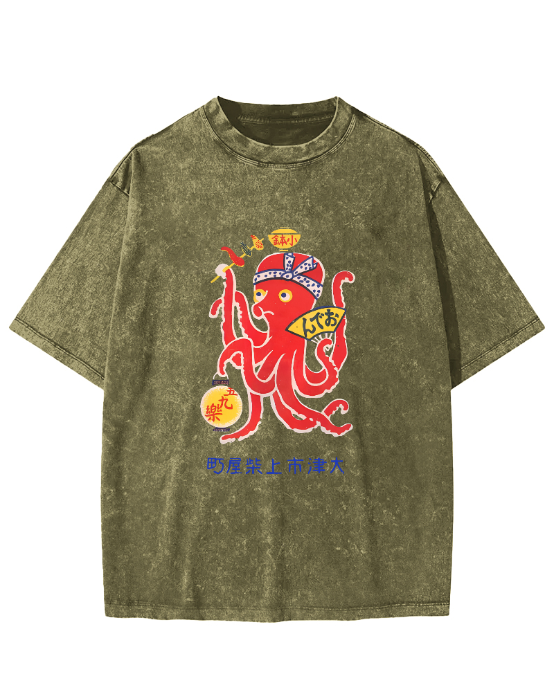 Japanese Octopus Pattern Vintage Distressed T-shirt-Zazasy