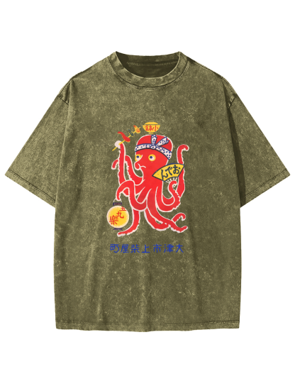 Japanese Octopus Pattern Vintage Distressed T-shirt-Zazasy