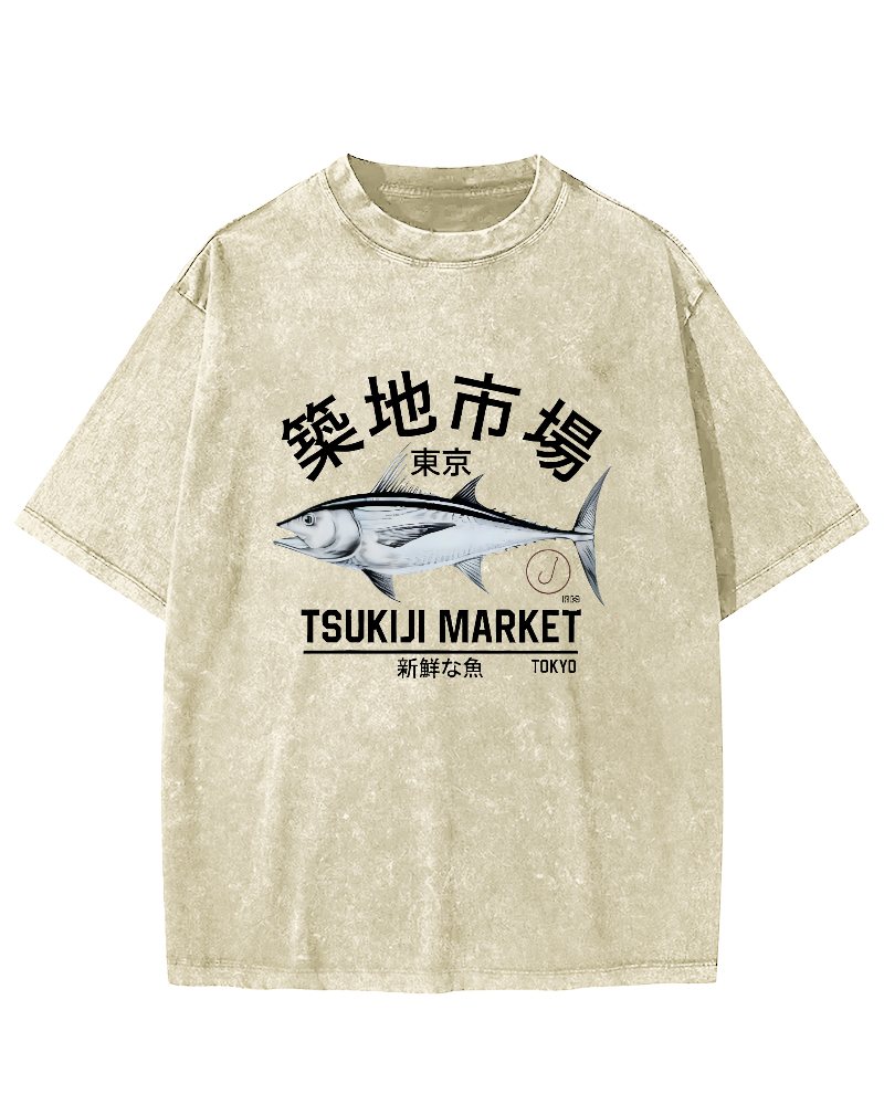 Japanese Sea Fish Pattern Vintage Distressed T-shirt-Zazasy